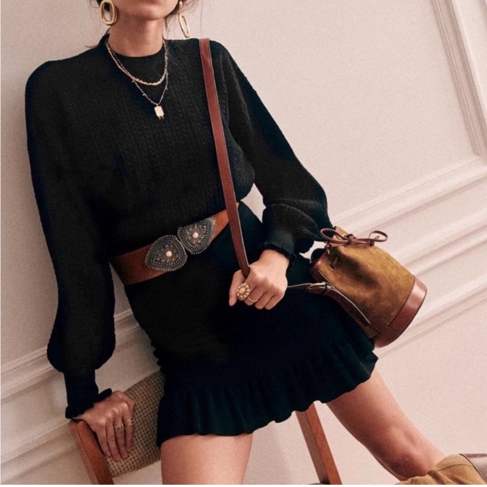Sezane NWOT Carlie black mini knit dress long sleeves size XS